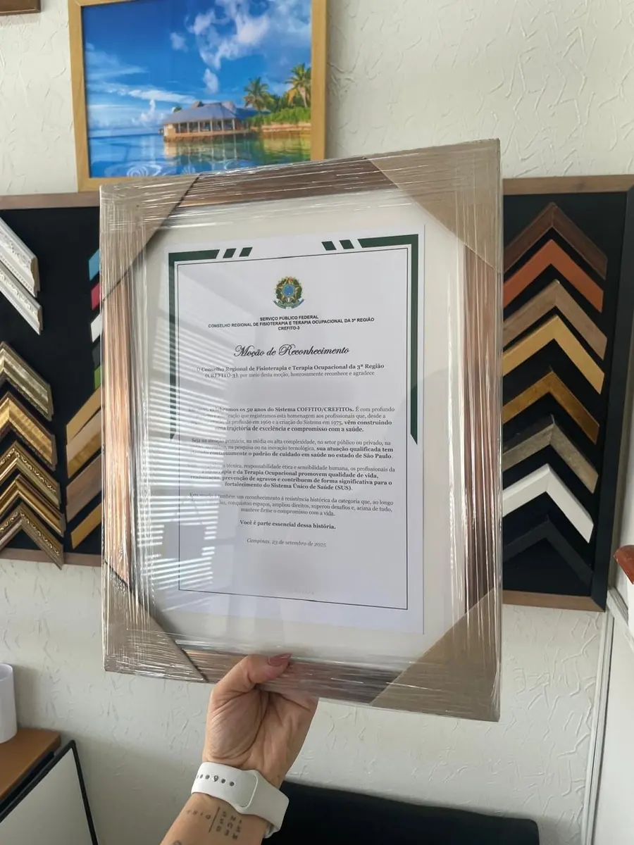 Moção de reconhecimento emoldurada em moldura prata com paspatur