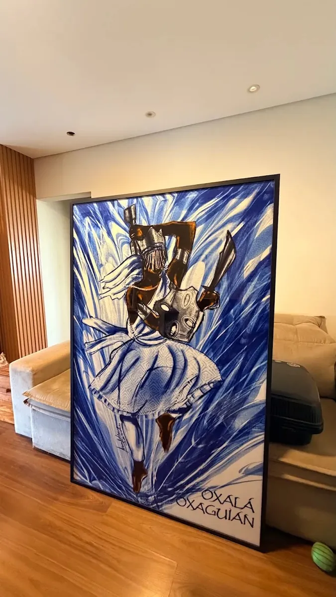 Tela grande de Oxalá Oxaguian em azul e branco com moldura caixa preta